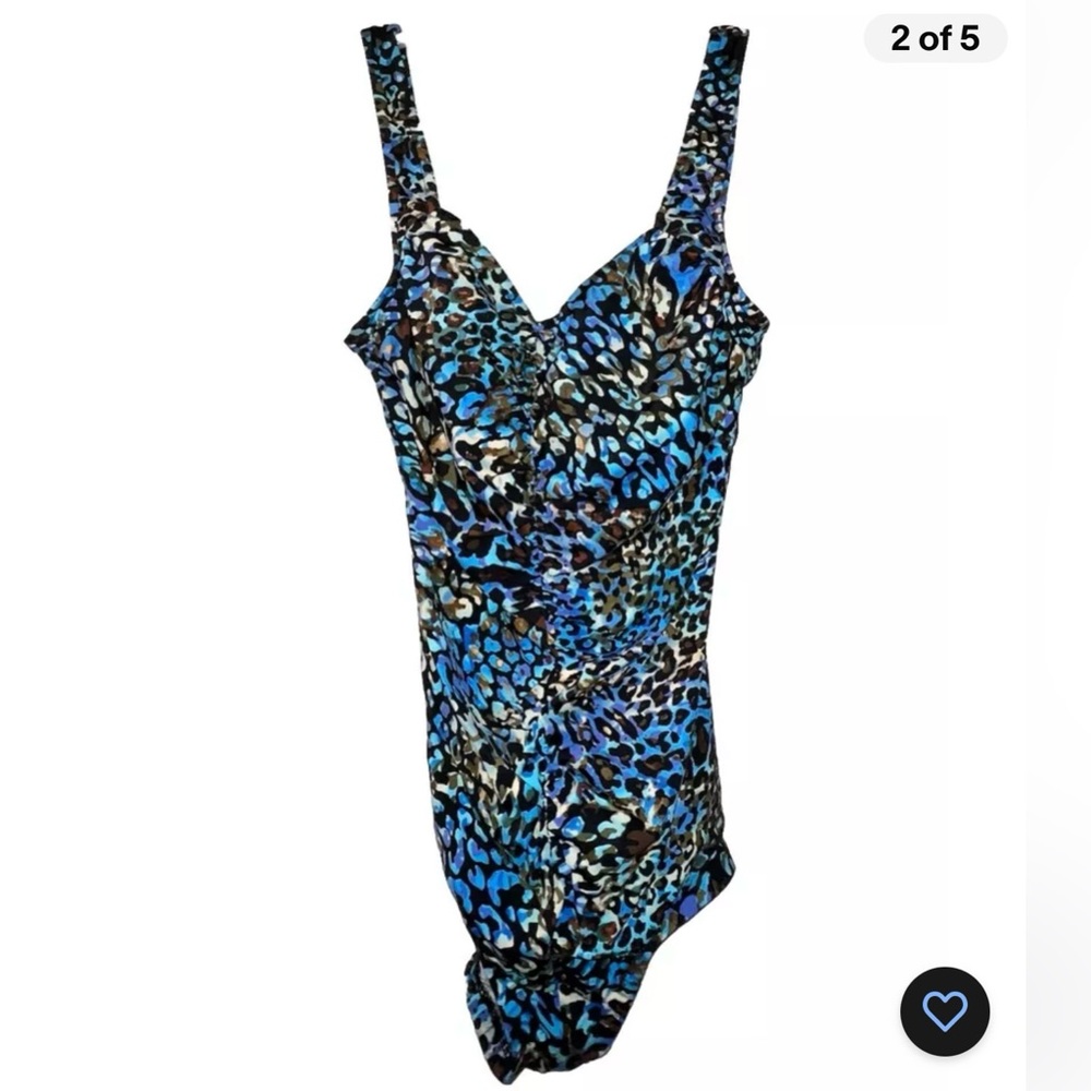 Maxine Bathing Suit Size 14 One Piece Animal Print & Blues Rouched Front EUC!